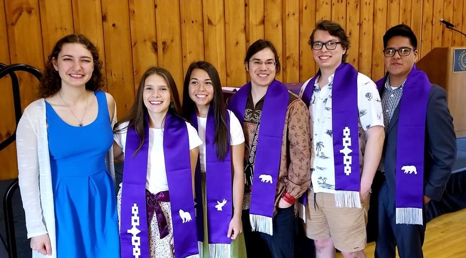 Students celebrating at the Native Students' Program/Haudenosaunee Promise graduation ceremony. Photo courtesy of Maris Jacobs '19.